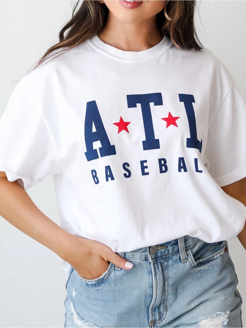 Comfort Colors White ATL Baseball Tee with Navy & Red Print